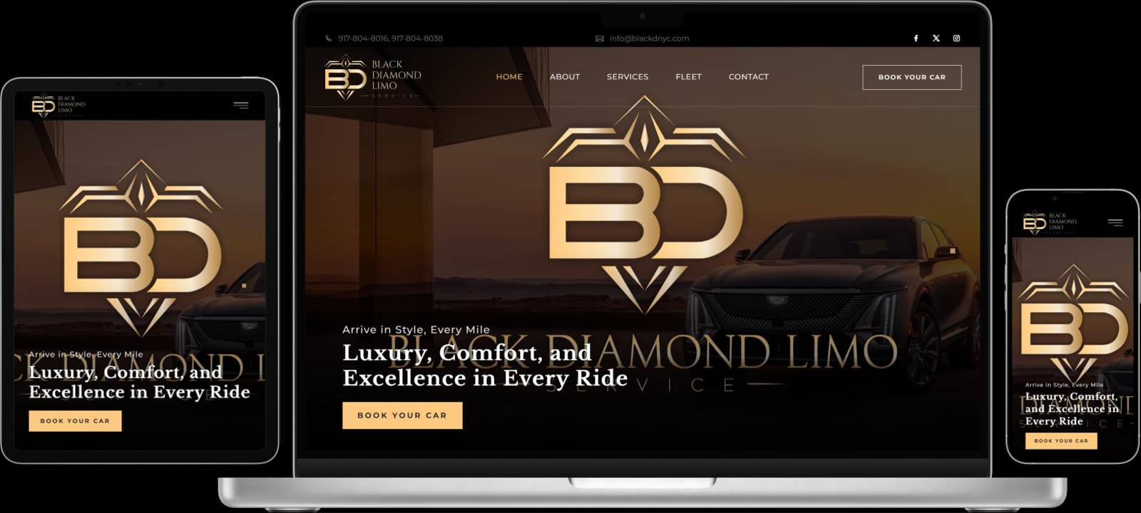 Black Diamond Limo Service website as delivered across desktop, tablet and mobile